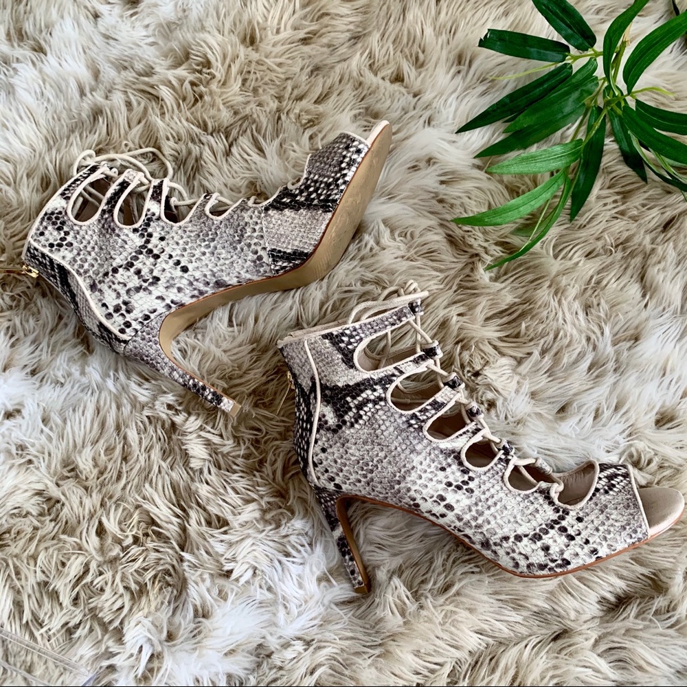 Snake Print Peep Toe Lace-up Ankle Heels Booties